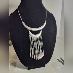 Elegant Silver Tone Statement Necklace with Fringe Detailing NWOT